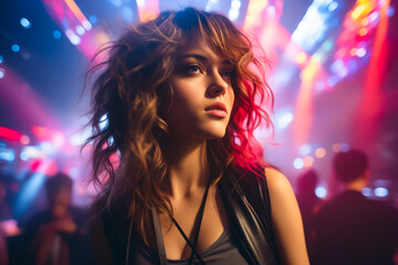 Wall Mural - Woman with red hair and black top is standing in front of stage.