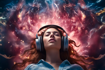 Poster - Woman with headphones on her ears looking up at sky filled with stars.