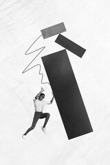 Wall Mural - Vertical collage picture of terrified mini black white colors person arms hold protect huge falling geometric figure isolated on paper background