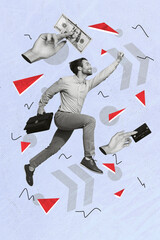 Wall Mural - Vertical collage image of excited black white effect guy hold briefcase jump arms hold cash money debit card isolated on blue background