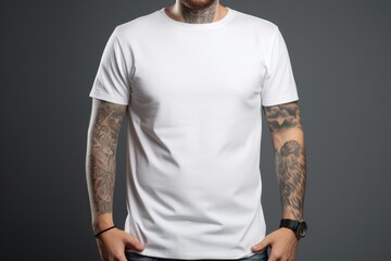 White Man With Tattoos Displaying Blank White Tshirt Mockup