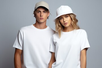 Wall Mural - White Tshirt Mockup With Attractive Models Wearing It