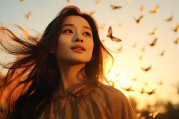 Wall Mural - Happy asian woman excited looking up in the butterflies