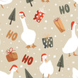 White geese in Santa Claus helper hats, gift boxes, and ho-ho-ho lettering seamless pattern. Funny and cute Xmas geese background, vector.