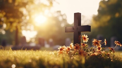 Capture the solemn beauty of a Catholic cemetery with a grave marker and cross engraved on it, set against a softly blurred background to create a sense of peaceful serenity