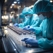 People in overalls and wearing sanitary gloves inspect medical vials on the production line of a pharmaceutical factory.