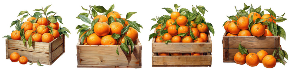 Wall Mural - Mandarins in wooden box  Hyperrealistic Highly Detailed Isolated On Transparent Background Png File