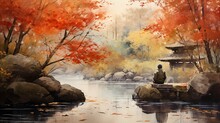 A Tranquil Garden In The Autumn Season A Small Bridge Over A Serene Pond