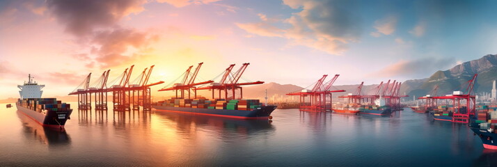 harbor at sunrise, with cargo ships waiting to be loaded, capturing the anticipation and movement that characterizes global trade.