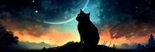 Black Cat With Mesmerizing, Glowing Eyes Set Against The Backdrop Of A Crescent Moon And Twinkling Stars.