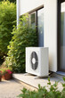 Air heat pump standing outdoors. Modern, environmentally friendly heating. Save your money with air pump. Air source heat pumps are efficient and renewable source of energy.