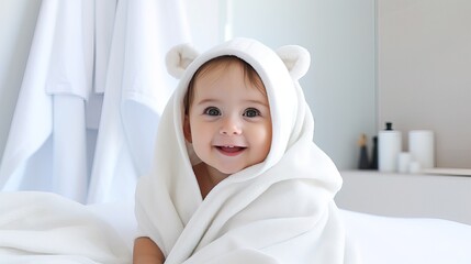 Six months old Clean dry Happy laughing cute baby in white towel hood sitting on parents bed in bedroom after bath or shower. Bathing and washing small children. hygiene. Textiles for babies. AI.