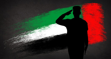 Poster - Silhouette Of A Solider Saluting Against the flag of UAE. Concept of national Muslim holidays. Commemoration Day, National Day. 3d illustration