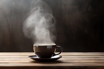 Poster - Morning coffee delight. Cup and smoke on wooden table. Dark roast aroma. Closeup of fresh espresso. Vintage tea elegance