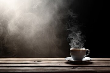 Poster - Morning coffee delight. Cup and smoke on wooden table. Dark roast aroma. Closeup of fresh espresso. Vintage tea elegance