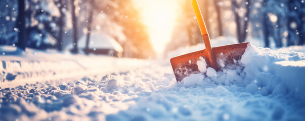 Wall Mural - A shovel for clearing snow standing in a snowdrift.