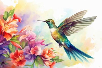 Wall Mural - Hummingbird in Flight: Watercolor Style Illustration with Colorful Flowers