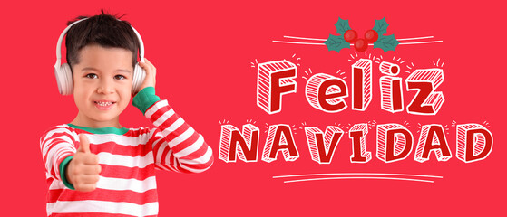 Sticker - Little Asian boy with headphones showing thumb-up and text FELIZ NAVIDAD (Spanish for Merry Christmas) on red background