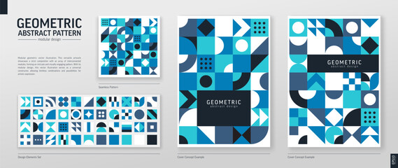 Geometric Retro Pattern. Color Abstract Shape Background. Graphic Design Elements Set. Modern Bauhaus Vector Art. Corporate Poster, Banner, Cover. Triangle, Square, Circle Forms. Module Grid Construct