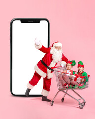 Sticker - Santa Claus and little elf kids with gifts sitting in shopping cart on color background