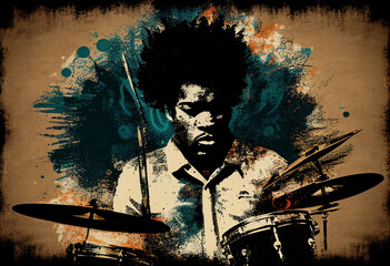 Wall Mural - Afro-American male jazz musician drummer playing drums in an abstract vintage distressed style painting for a poster or flyer, computer Generative AI stock illustration image