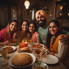 Canvas Print - Indian sikh religious family enjoying dinner together at home