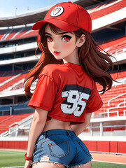 a woman in a red jacket and shorts standing on a soccer field, realistic anime 3d style. ai generative