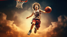 Little Boy Playing Basketball Jumping And Flying