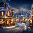 Illustration of a small village at night in winter with christmas decorations