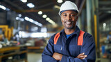 Fototapeta  - Portrait of smiling african american professional engineer factory. Engineering worker in safety hard hat at factory industrial facilities.