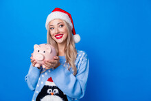Photo Portrait Of Pretty Blonde Young Girl Look Empty Space Hold Piggy Dressed Penguin Sweater X-mas Hat Isolated On Blue Color Background