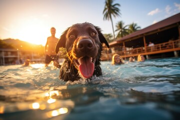 Wall Mural - Cute dog swim in water at sunset.