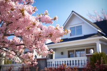 Close-up View Of Pink Cherry Blossom Flower Branch With Residential Home Building In Spring. Spring Seasonal Concept.