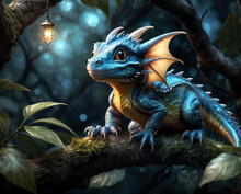 Cute Little Blue Dragon Sitting On A Tree Branch In A Dark Forest.  Generated AI