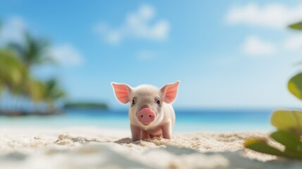 Canvas Print - A small pig standing on the beach with palm trees, AI