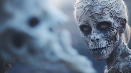 Poster - A close up of a skeleton with blue eyes, AI