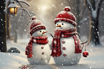 Poster - Christmas background with pair of snowman