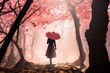 Graceful woman with long skirt and red umbrella walking in foggy beautiful blooming cherry blossom woods with pink petals in air and on ground in Spring. Spring seasonal concept.