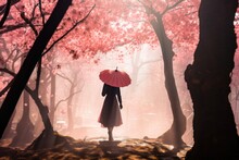 Graceful Woman With Long Skirt And Red Umbrella Walking In Foggy Beautiful Blooming Cherry Blossom Woods With Pink Petals In Air And On Ground In Spring. Spring Seasonal Concept.
