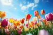 Beautiful tulip with variable colors in field and blue sky in Spring. Spring seasonal concept.