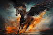 Abstract painting of a black beauty Pegasus escaping out of fire