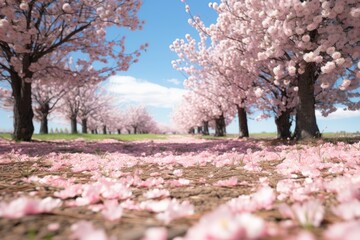 Wall Mural - Close-up view of pink petals on ground in beautiful blooming cherry blossom woods in Spring. Spring seasonal concept.