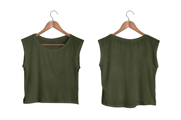 Sticker - Women's Army Sleeveless Crop Top Front and Back View on Wooden Hanger