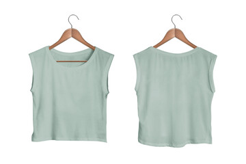 Sticker - Women's Dusty Sleeveless Crop Top Front and Back View on Wooden Hanger