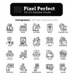 © AlexBlogoodf - Immigration thin line icons set: immigrants, illegals, baggage examination, passport, resident card, public housing, customs, inspection, refugee camp. Editable stroke. Vector illustration.
