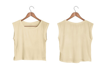 Sticker - Women's Tan Sleeveless Crop Top Front and Back View on Wooden Hanger