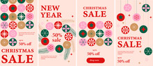 Merry Christmas And Happy New Year Set Of 4 Social Media Story Design Templates. Xmas Holiday Poster Set. Vector Design Of Christmas Elements For Greeting Card, Cover, Social Media Post, Minimal