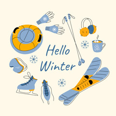 Wall Mural - Winter sport greeting card background. Round frame with ice skates, mountain skis and poles, tube, mask and hello winter saying in hand drawn style. Modem flat vector illustration.