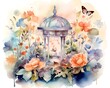 Watercolor illustration of a gazebo with roses and butterflies