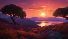 An Artist's Rendering Of A Sunset Over Another Planet. The Sun Is A Deep Orange Color And Is Setting Behind A Mountain Range. The Sky Is A Gradient Of Purple And Blue, With A Few Stars Visible